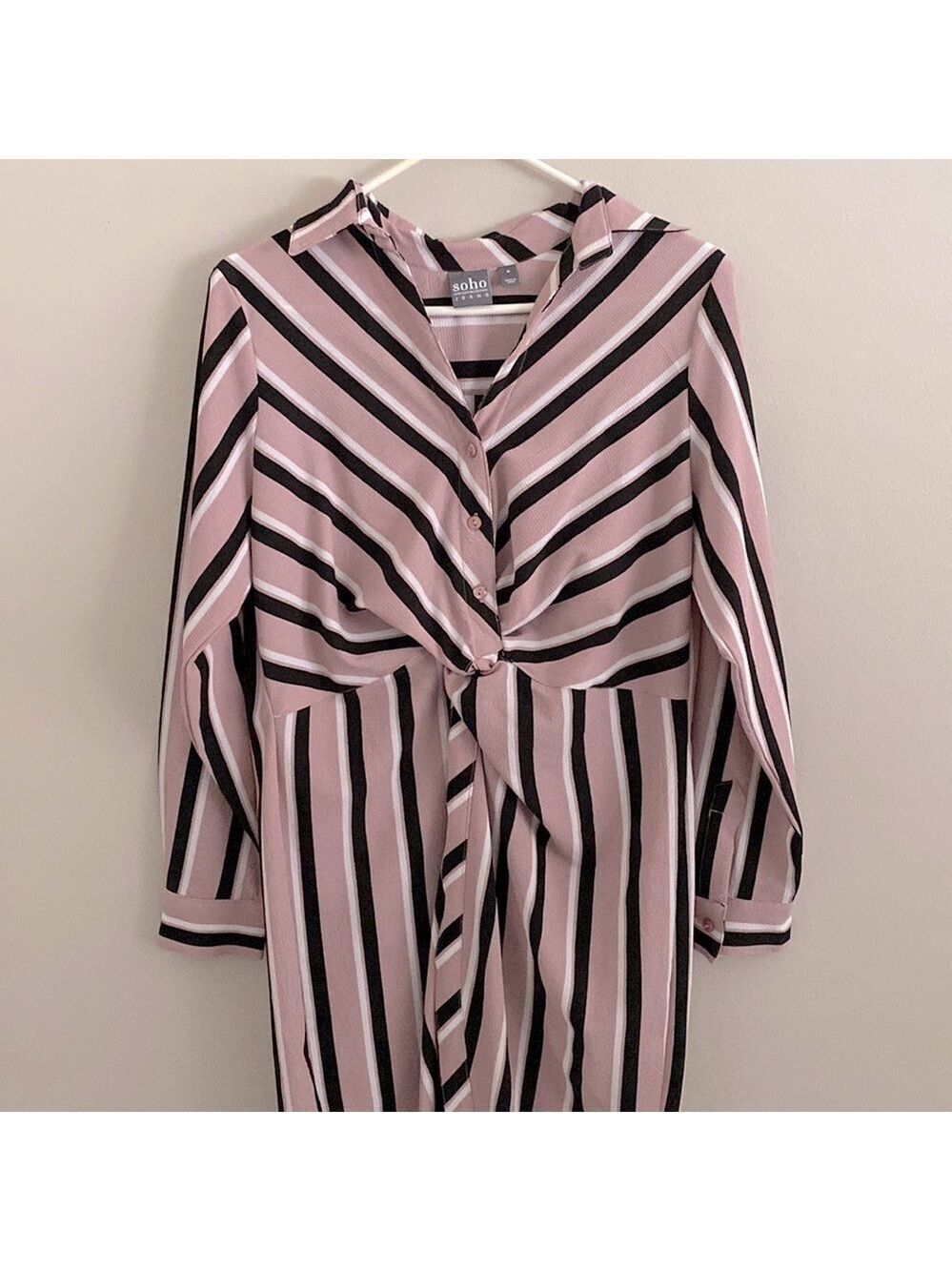 Soho jeans dusty pink striped wrap front button down shirt dress